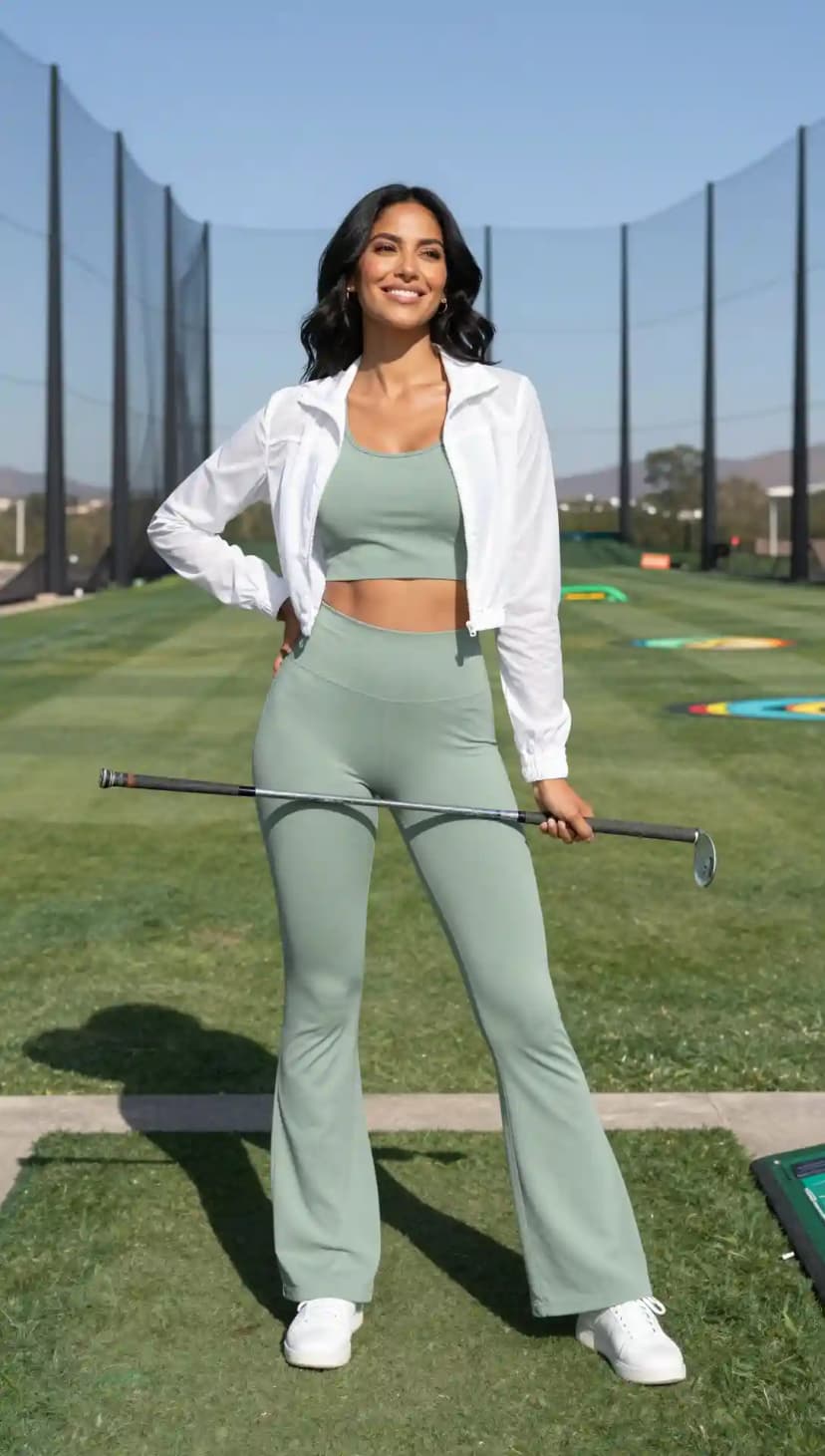 Sage Green Spandex Crop Top + Sage Green Spandex Flare Pants + White Nylon Windbreaker