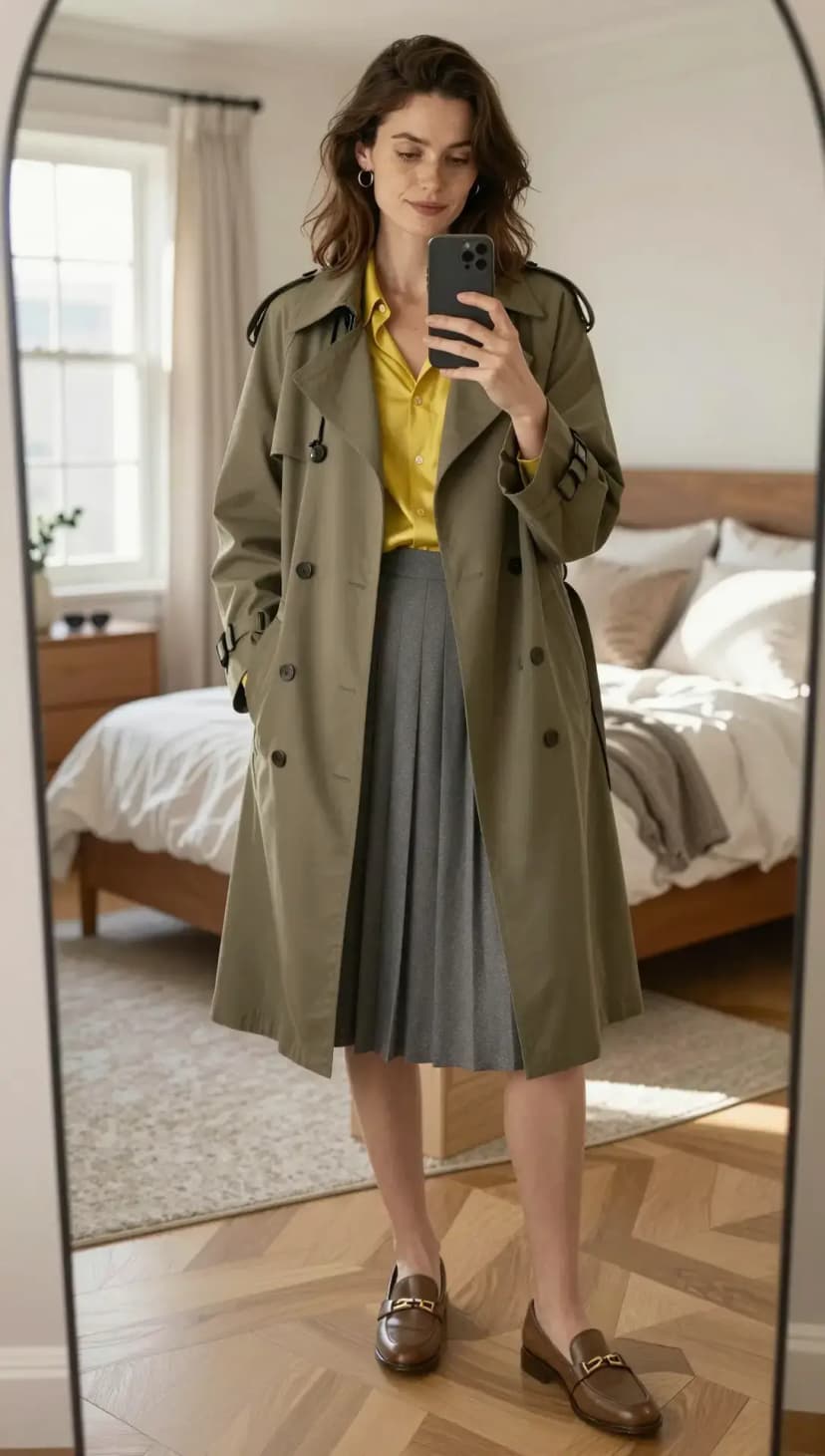 Olive Cotton Trench Coat + Yellow Silk Button-Down Shirt + Grey Pleated Midi Skirt + Brown Leather Loafers