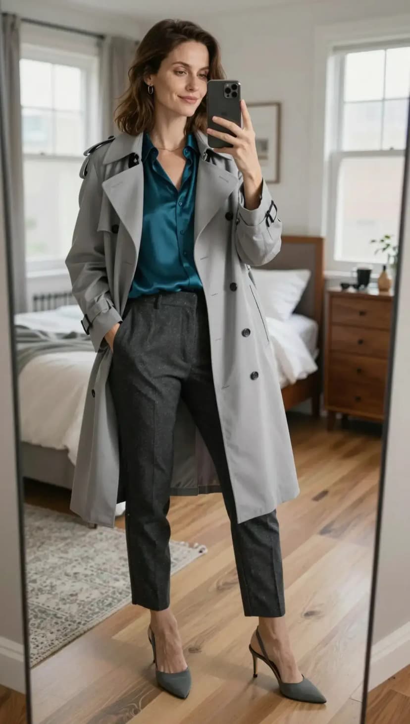 Grey Trench Coat + Teal Silk Blouse + Charcoal Tweed Trousers + Grey Slingback Heels