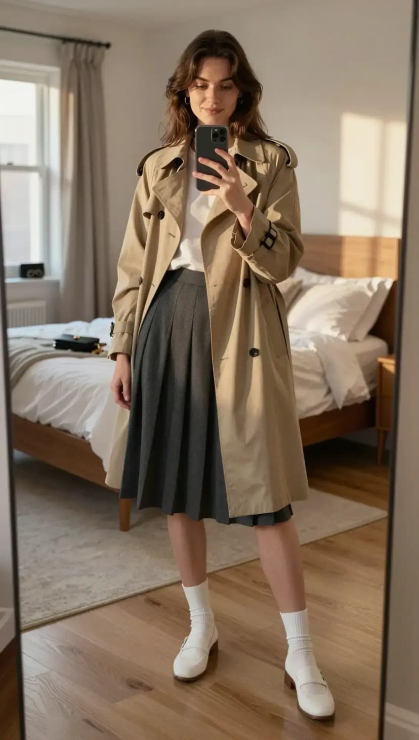Beige Classic Trench Coat + White Cotton T-Shirt + Charcoal Pleated Midi Skirt + White Mary Jane Loafers