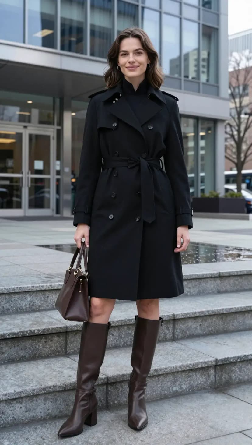 Black Trench Coat + Brown Turtleneck + Brown Leather Boots