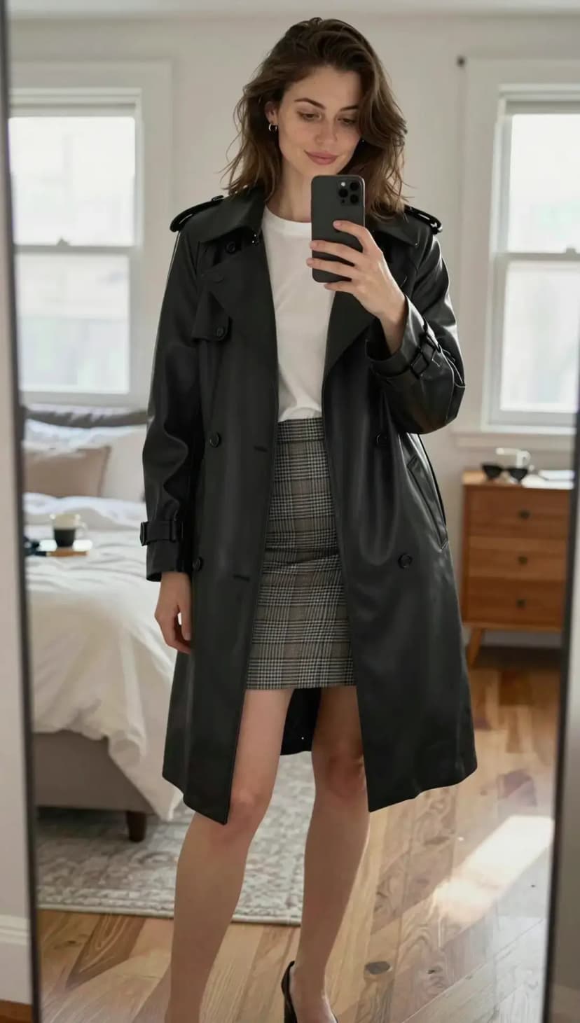 Black Faux Leather Trench Coat + Grey Plaid Mini Skirt + White Crew Neck T-Shirt + Black Heels