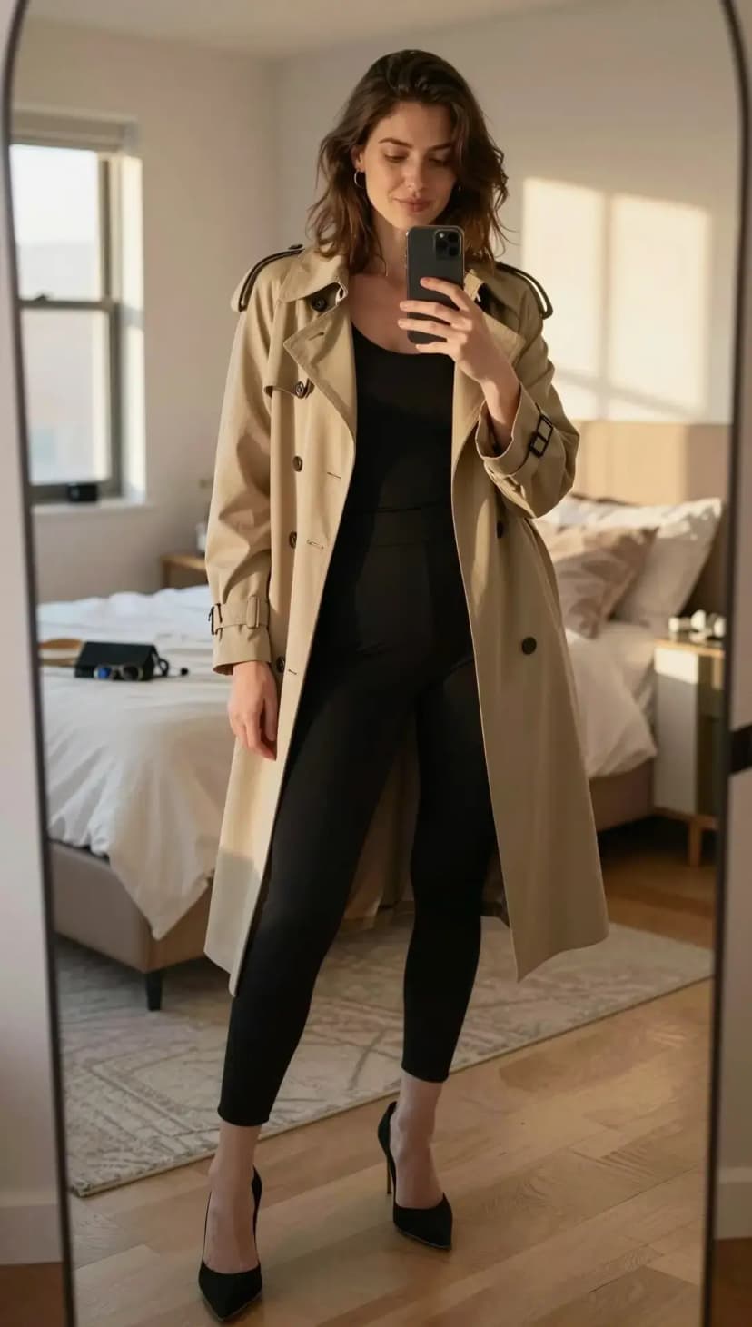 Beige Cotton Trench Coat + Black High-Waisted Leggings + Black Pointed-Toe Heels