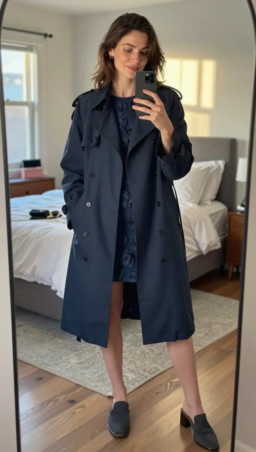 Navy Rose Jacquard Mini Dress + Navy Cotton Trench Coat + Grey Suede Mules