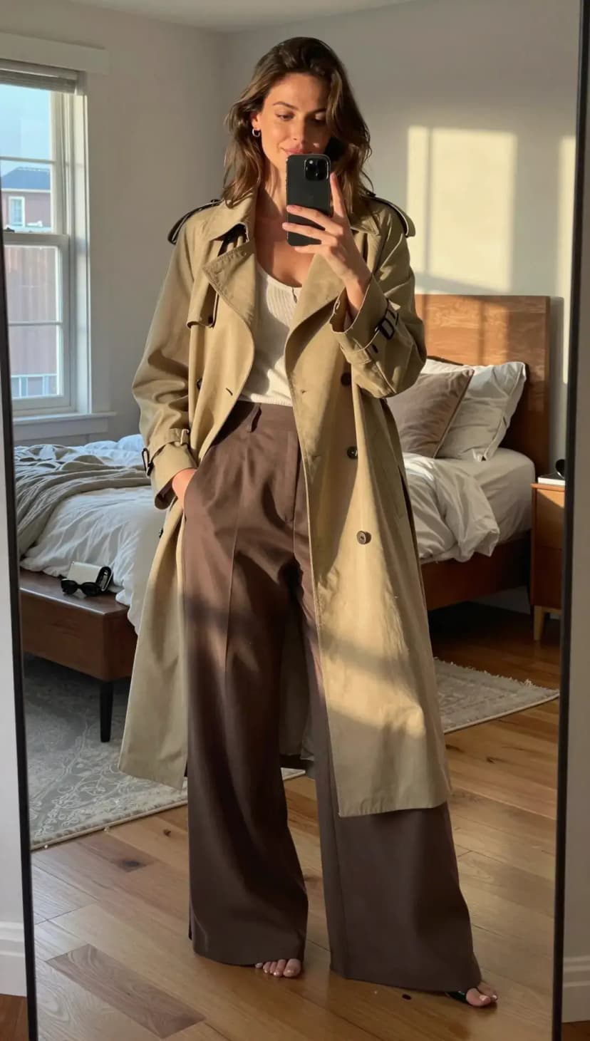 Beige Trench Coat + White Tank Top + Brown Wide-Leg Trousers