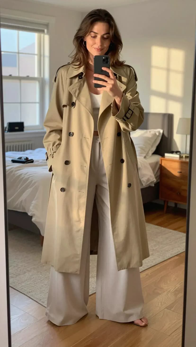 Beige Trench Coat + White Tank Top + Brown Wide-Leg Trousers