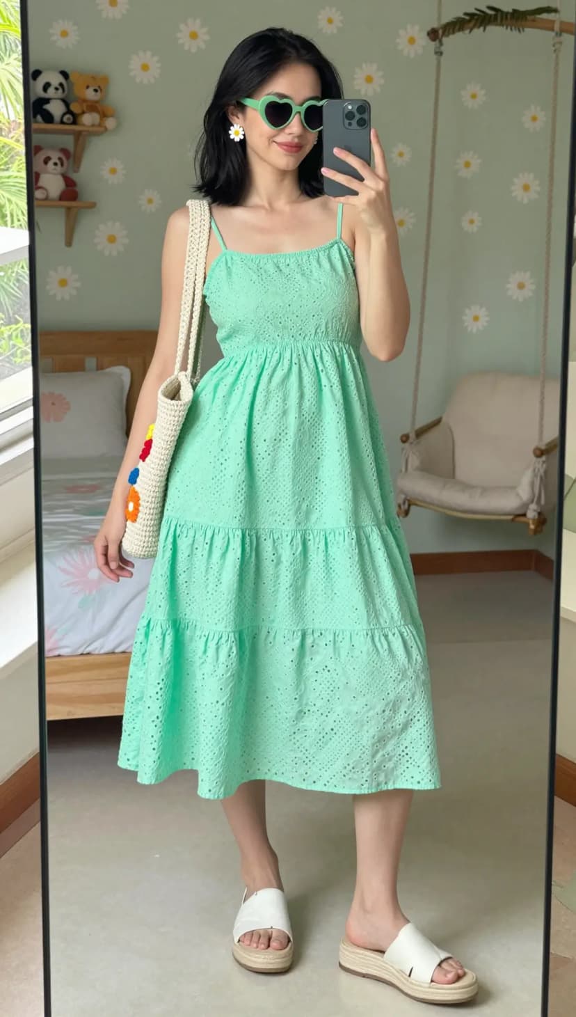 Mint Eyelet Sundress + White Platform Sandals + Cream Woven Tote Bag