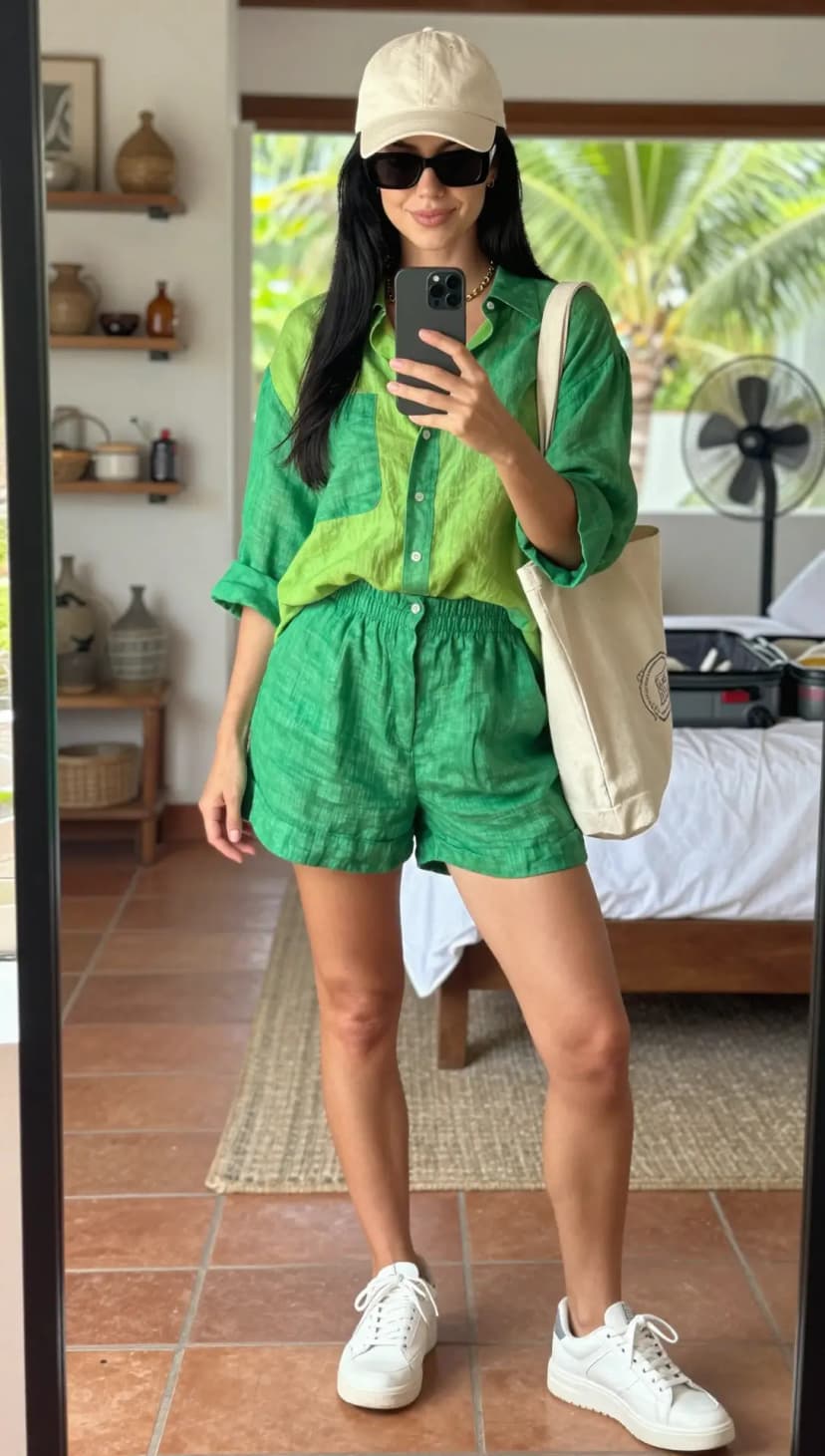 Green Color Block Linen Shirt + Green Linen Shorts + Beige Canvas Tote Bag
