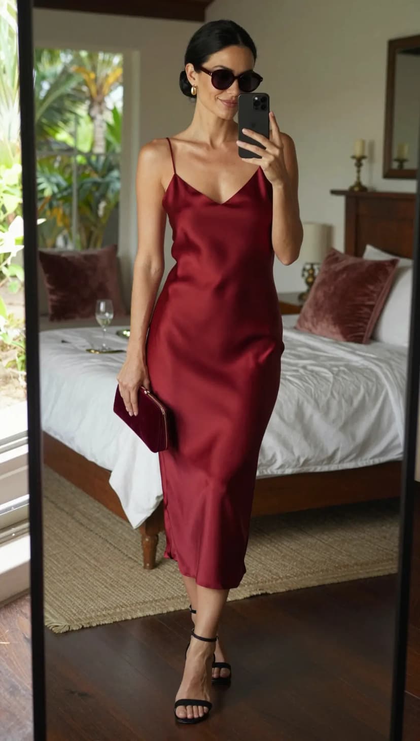 Burgundy Satin Slip Dress + Black Suede Strappy Heels + Burgundy Velvet Clutch