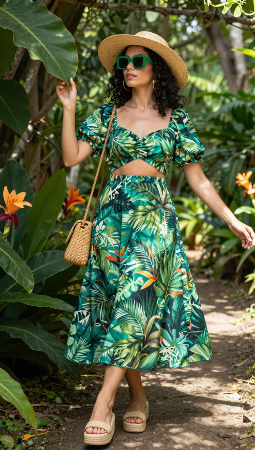 Green Tropical Print Puff Sleeve Crop Top + Green Tropical Print Midi Skirt + Natural Woven Straw Platform Sandals