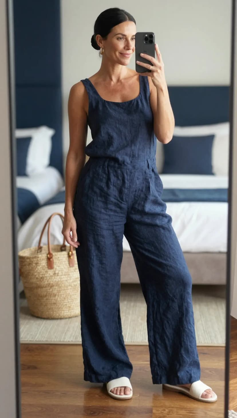 Navy Linen Jumpsuit + White Slide Sandals + Straw Tote Bag