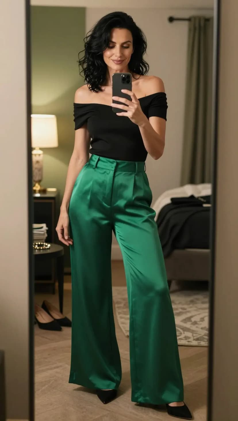 Black Off-The-Shoulder Top + Emerald Satin Wide-Leg Trousers + Black Pointed-Toe Heels