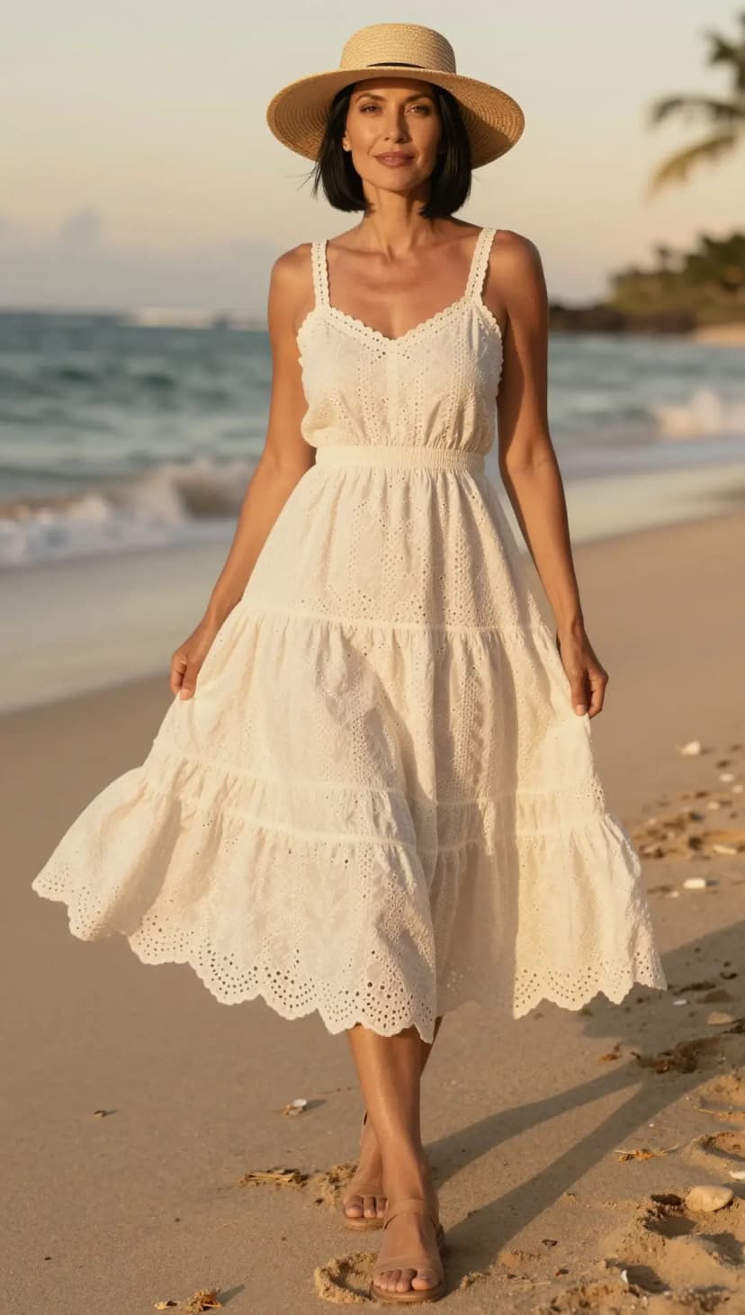 Ivory Broderie Anglaise Cotton Maxi Dress + Natural Straw Wide-Brim Hat + Tan Leather Flat Sandals