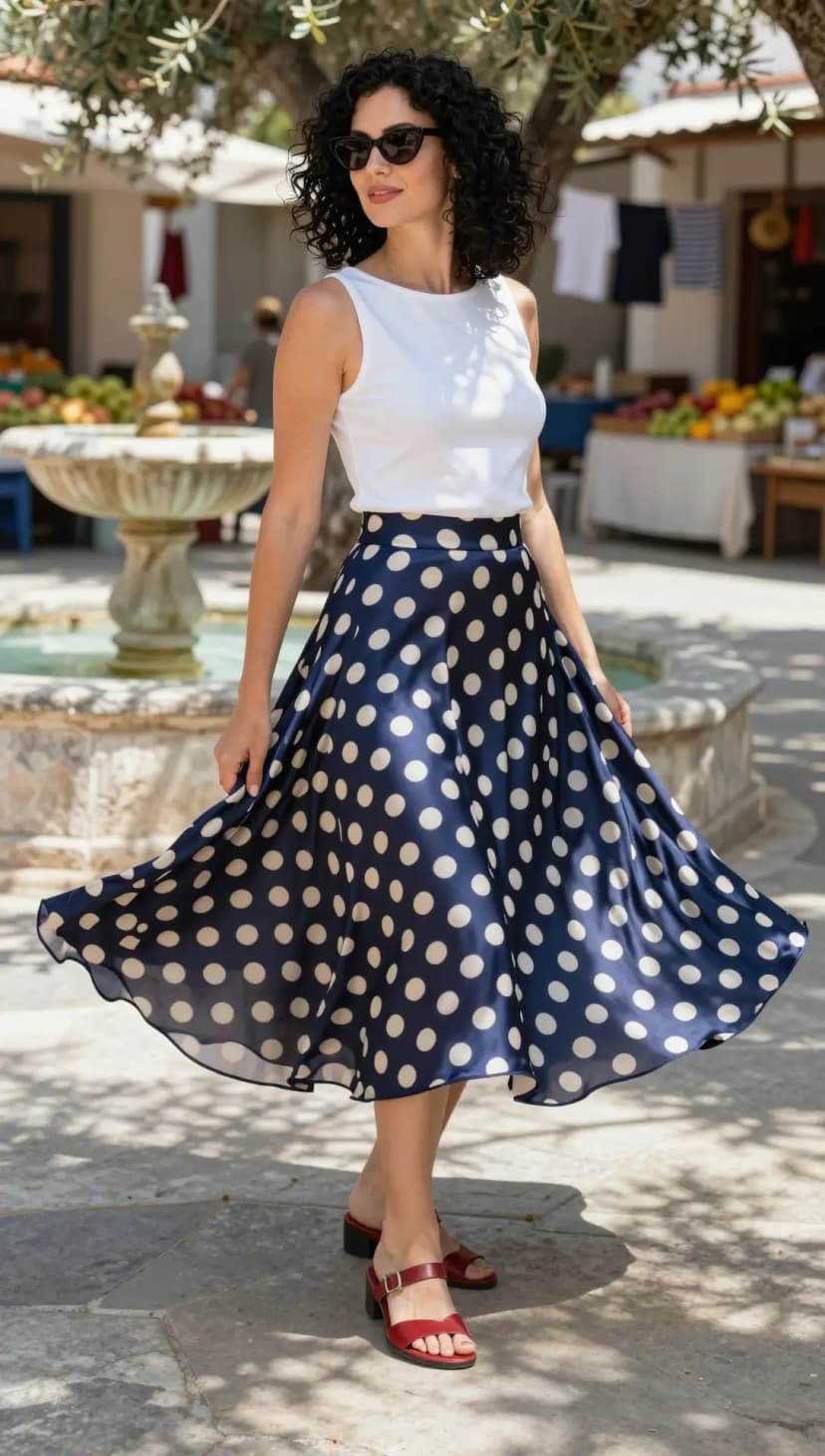 White Sleeveless Knit Top + Navy Polka Dot Satin Midi Skirt + Red Leather Heeled Sandals