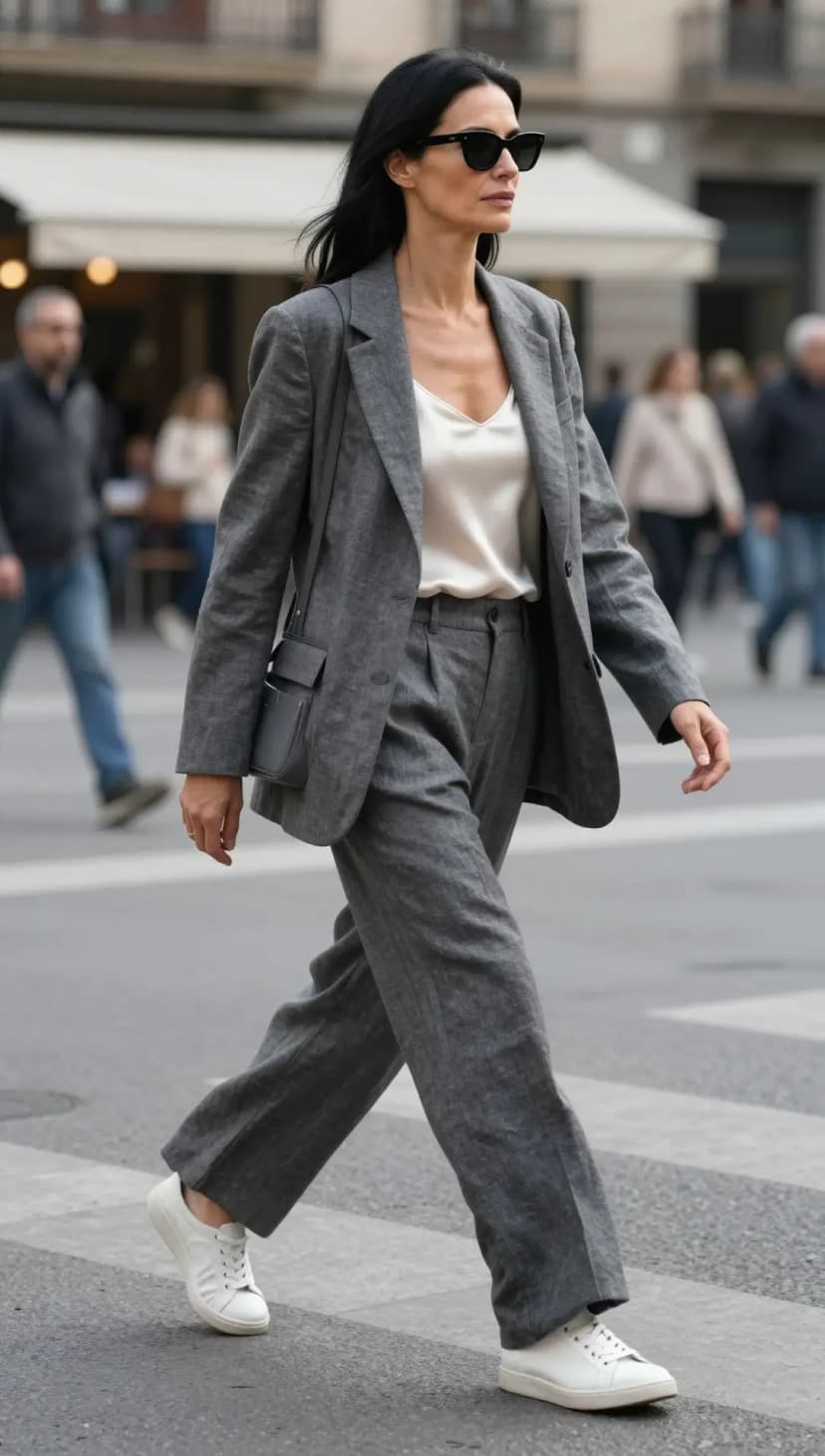 Grey Linen Blazer + Ivory Satin Camisole + Grey Linen Wide-Leg Trousers + White Leather Sneakers