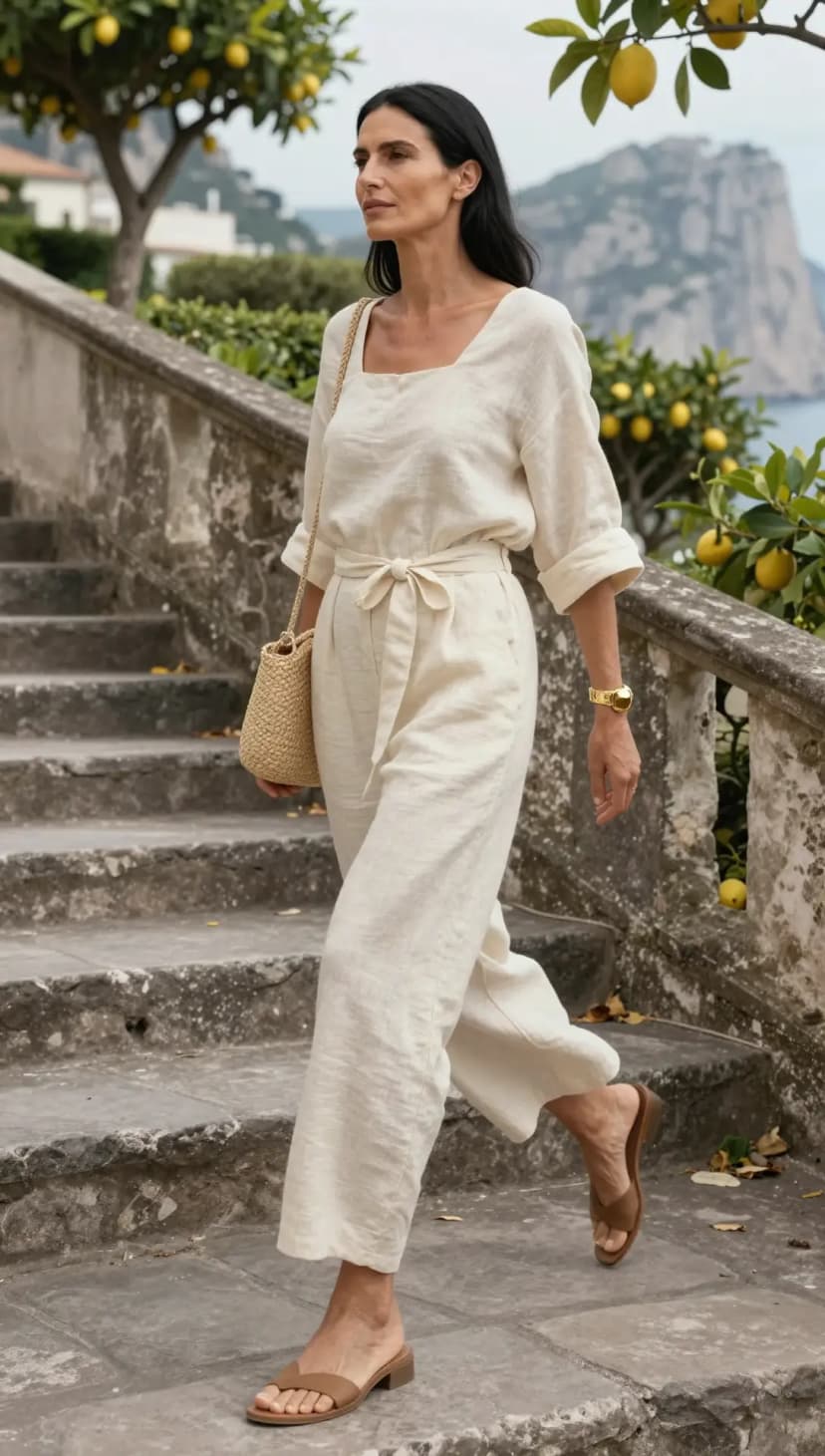Cream Linen Wide-Leg Jumpsuit + Tan Leather Slides + Straw Woven Crossbody Bag