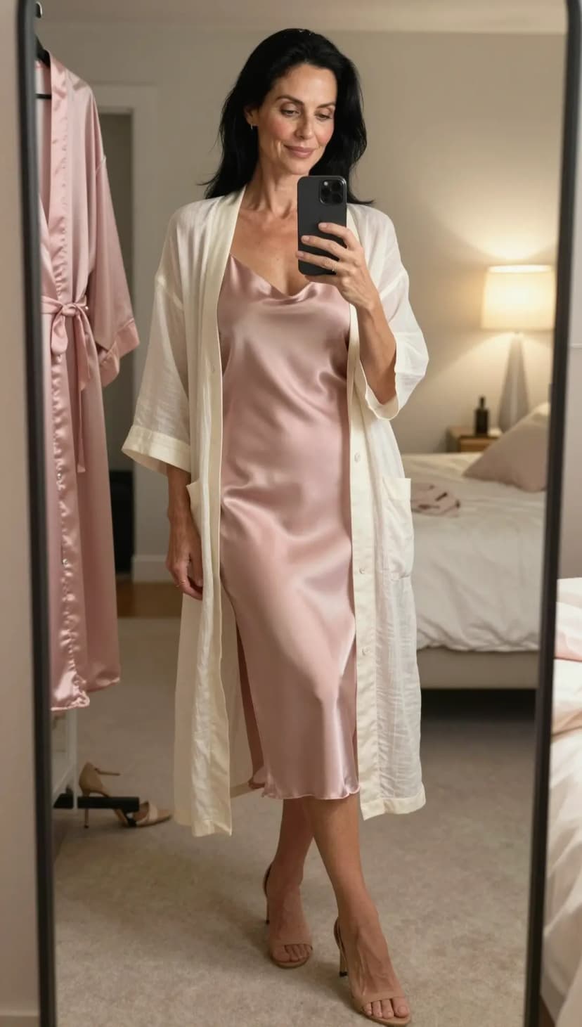 Dusty Rose Satin Slip Dress + Cream Gauze Duster
