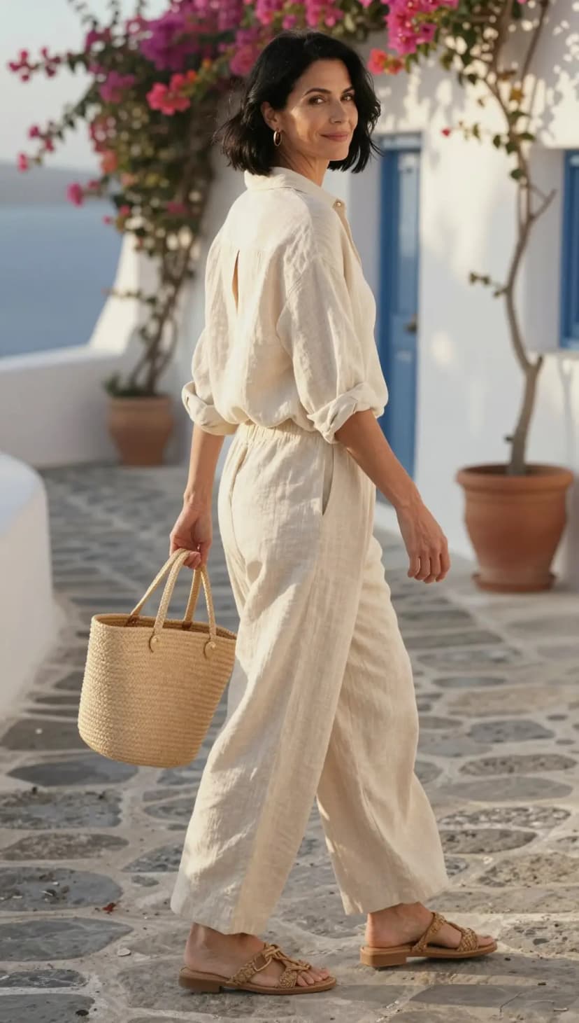 Natural Linen Oversized Button-Up Shirt + Natural Linen Wide-Leg Trousers + Tan Woven Flat Sandals + Straw Tote Bag