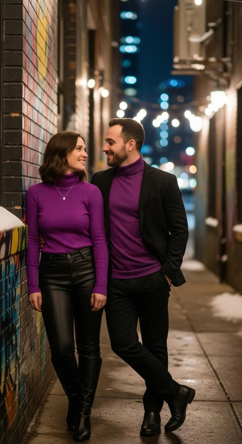Purple Ribbed Turtleneck + Black Leather Pants + Black Blazer