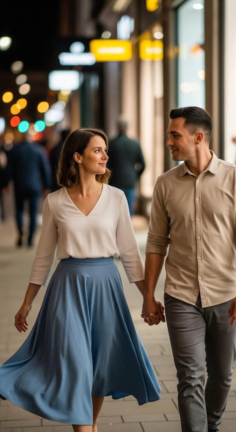 Cream Textured Blouse + Blue Midi Skirt + Beige Button-Down + Grey Trousers