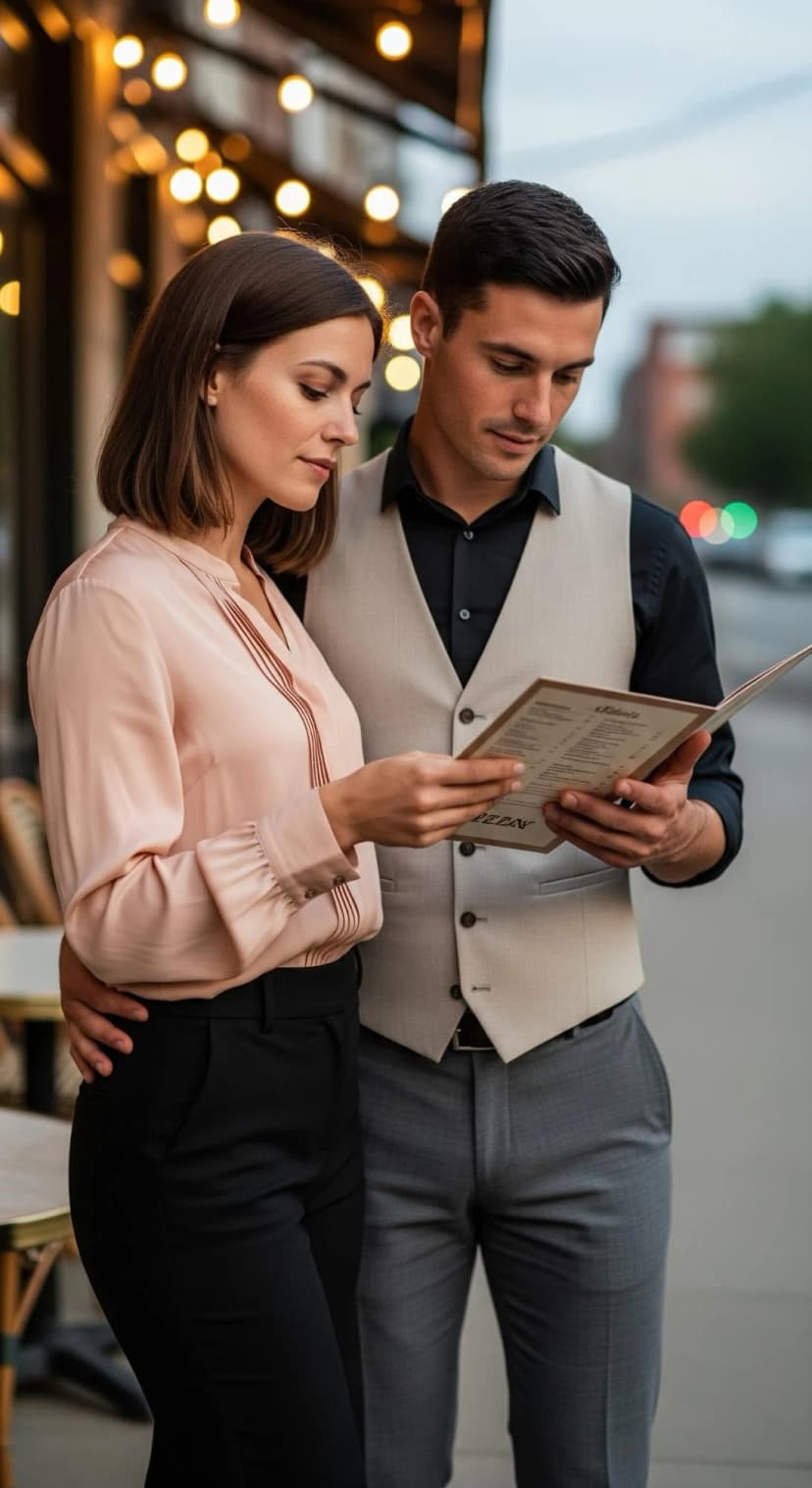 Blush Silk Blouse + Black High-Waisted Trousers