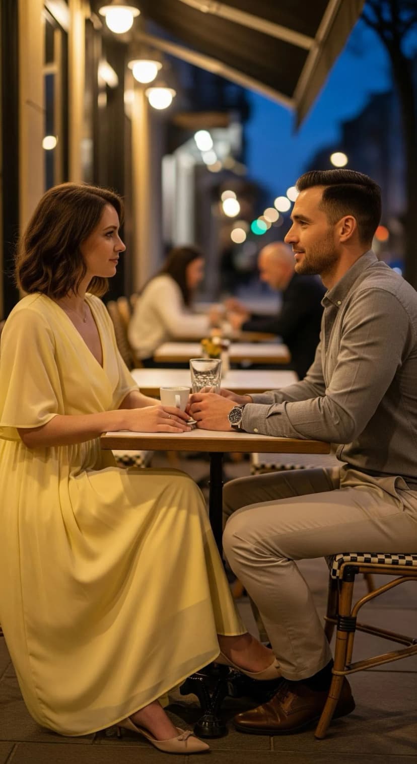 Yellow Chiffon Maxi Dress + Grey Oxford Shirt + Beige Chinos