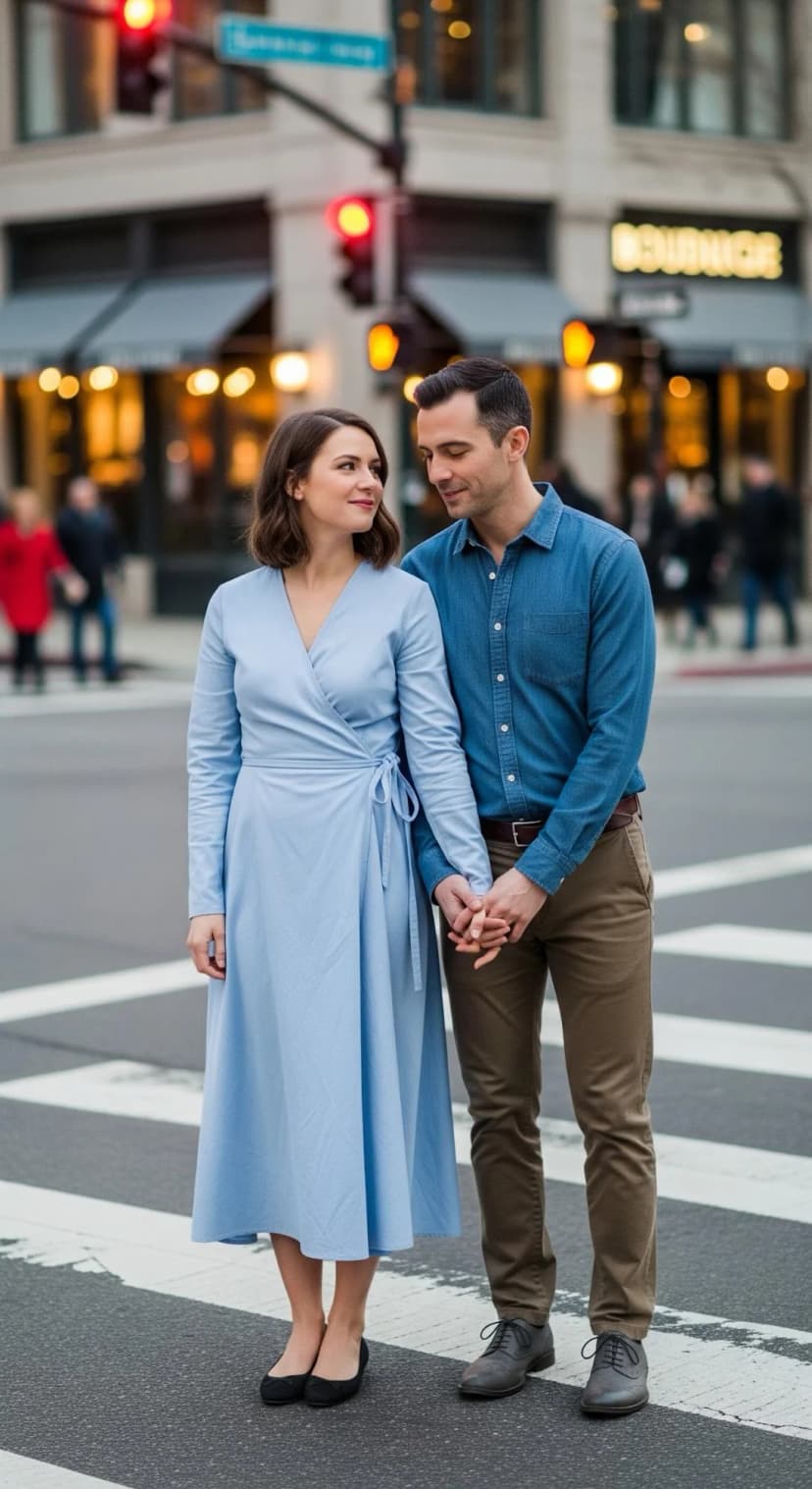 Powder Blue Wrap Dress + Denim Button-Down Shirt + Khaki Trousers