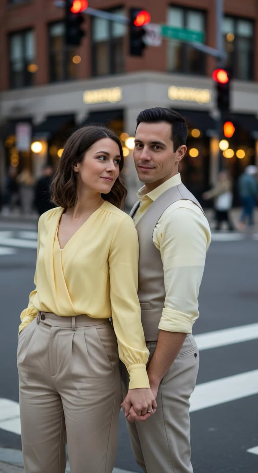Yellow Silk Wrap Top + Beige Pleated Trousers
