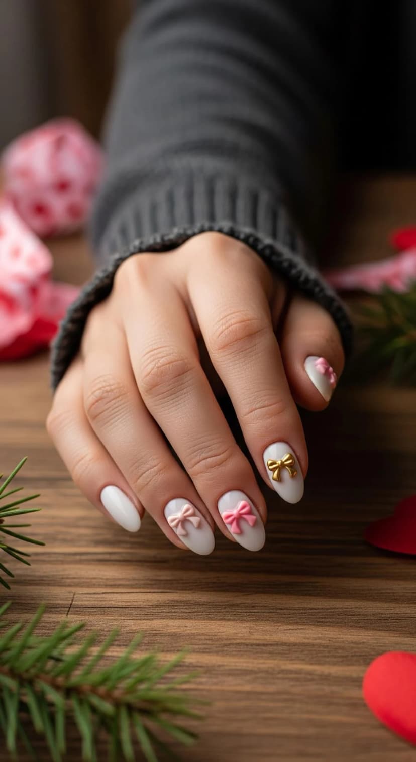 Milky White Almond Nails + Pink Bow Charms