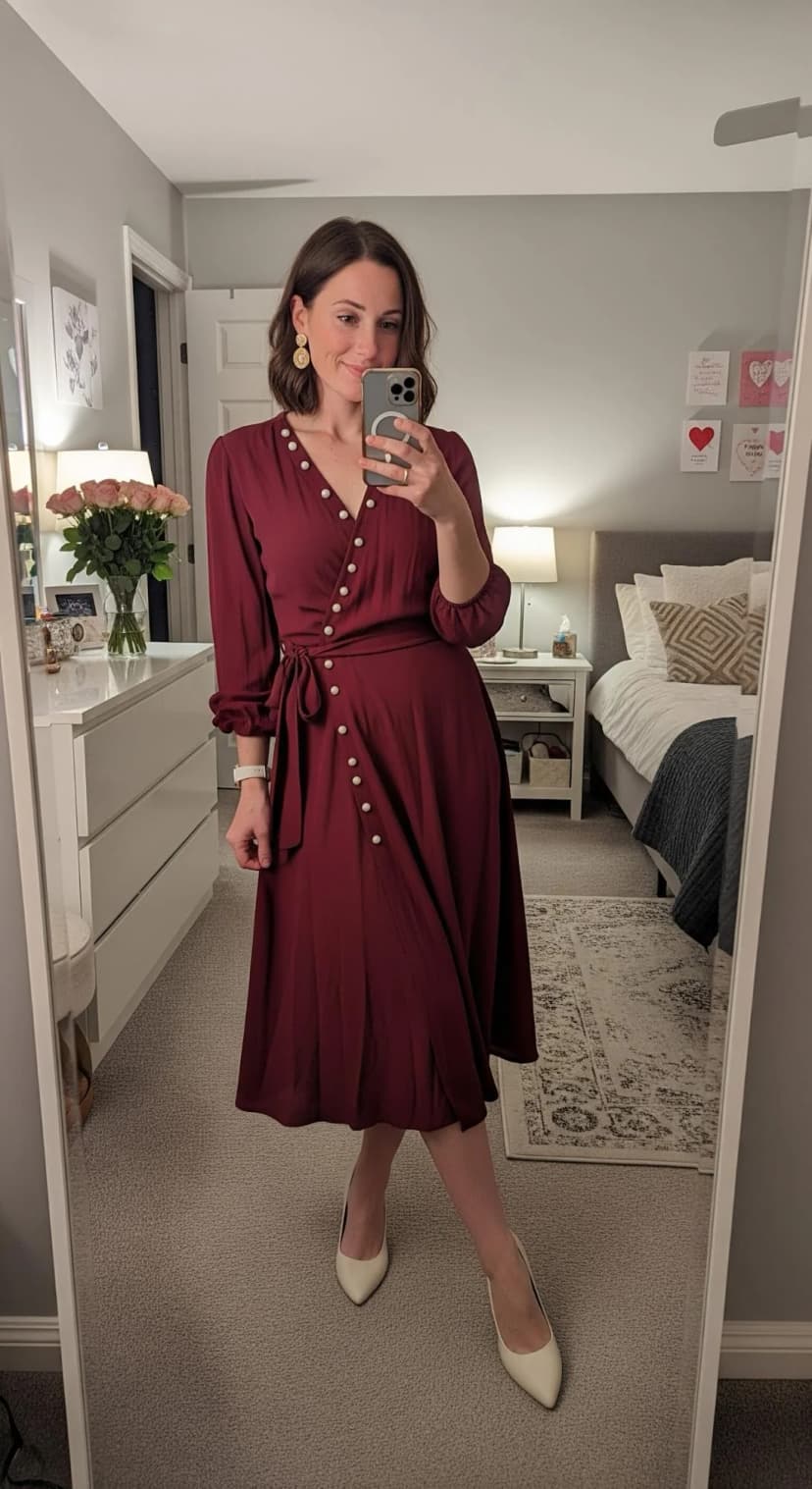 Burgundy Midi Dress + Cream Pointed Heels