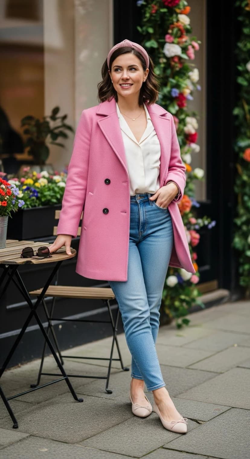 Pink Wool Coat + Ivory Silk Blouse + Light Wash Jeans + Beige Leather Flats