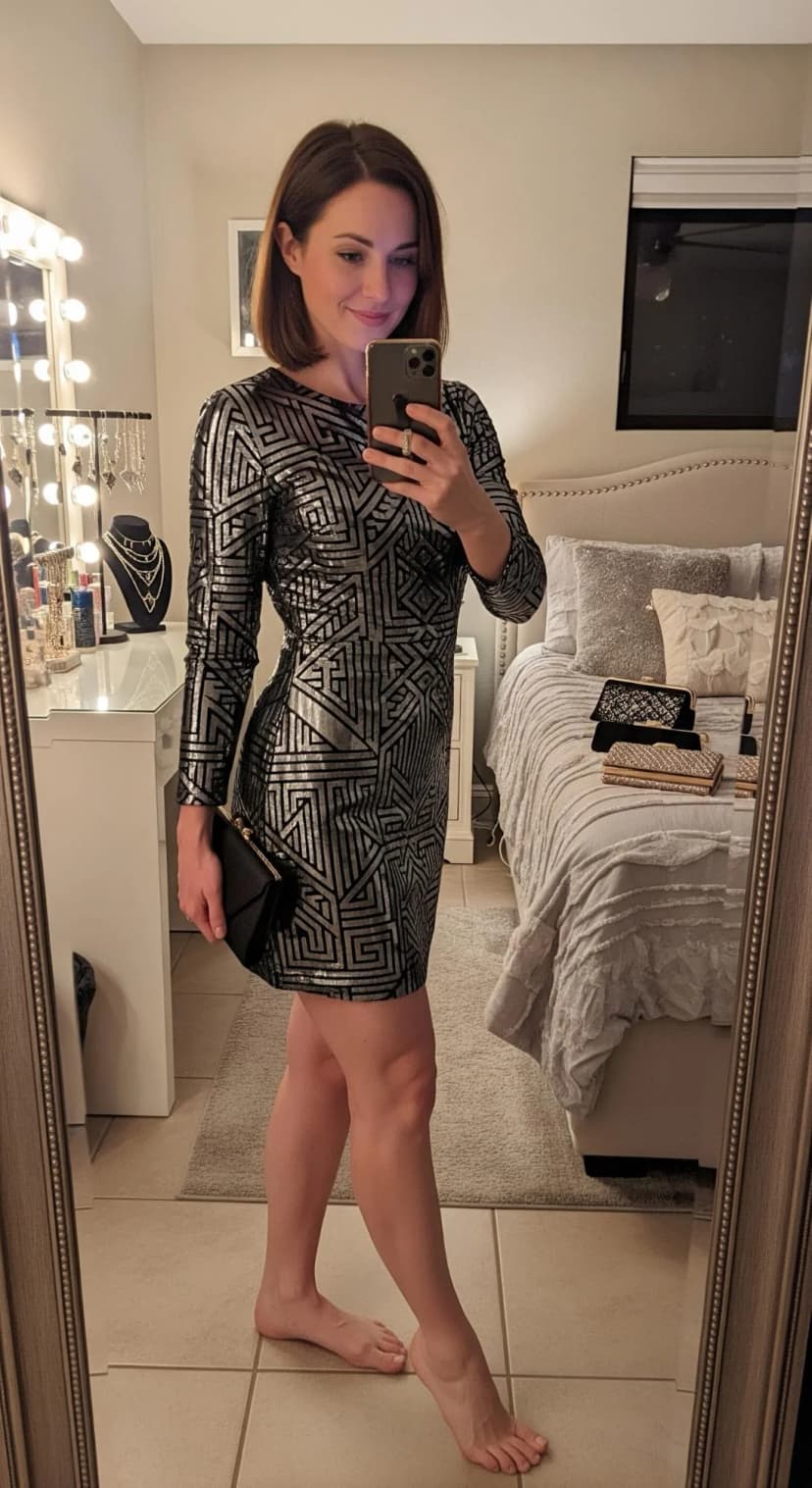 Silver Geometric Sequin Dress + Black Envelope Clutch