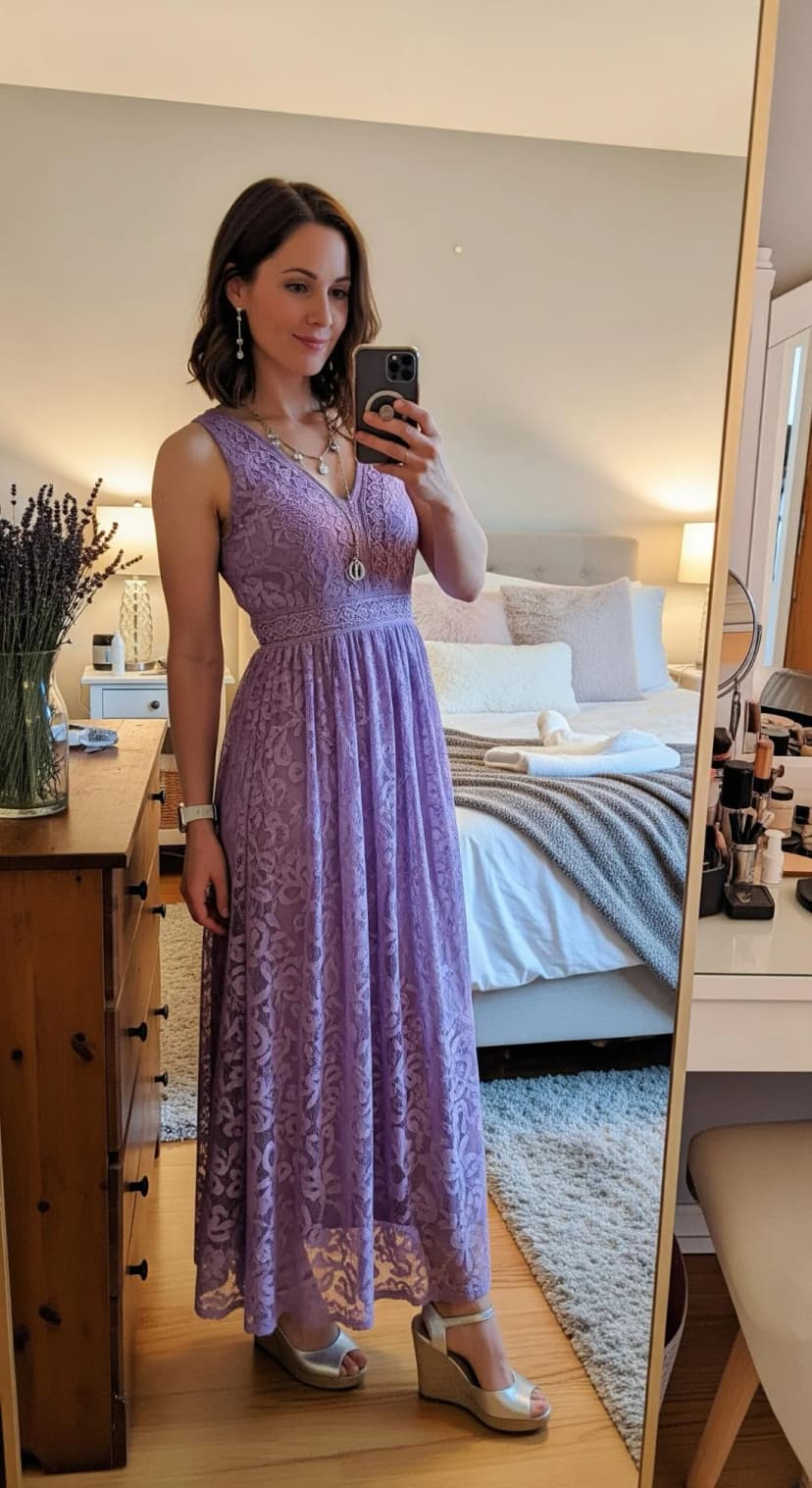 Lavender Lace Maxi Dress + Silver Wedges