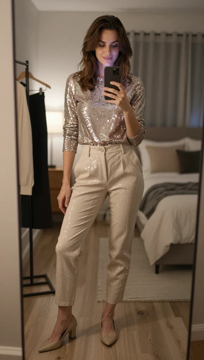 Silver Sequin Long Sleeve Top + Beige Sequin Striped Trousers + Beige Block Heels