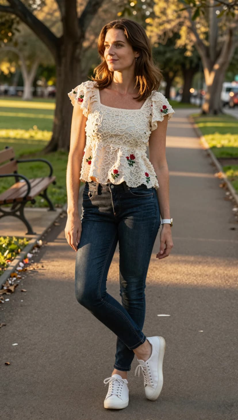 Cream Floral Lace Peplum Top + Dark Wash Skinny Jeans + White Leather Sneakers