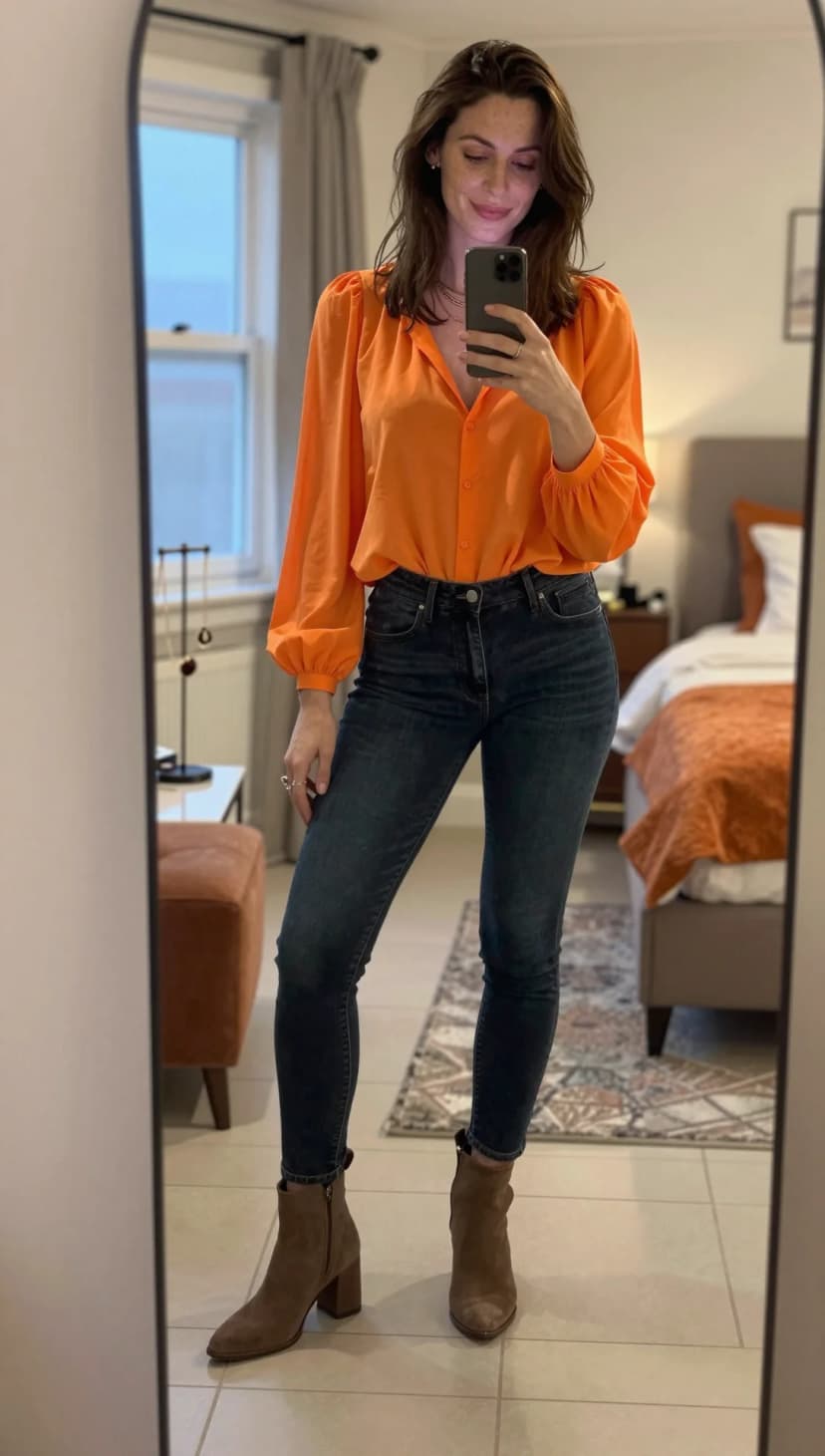 Orange Silk Blouse + Dark Wash Skinny Jeans + Taupe Suede Ankle Boots