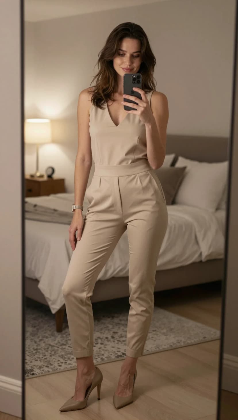 Beige Sleeveless Jumpsuit + Beige Pointed-Toe Pumps