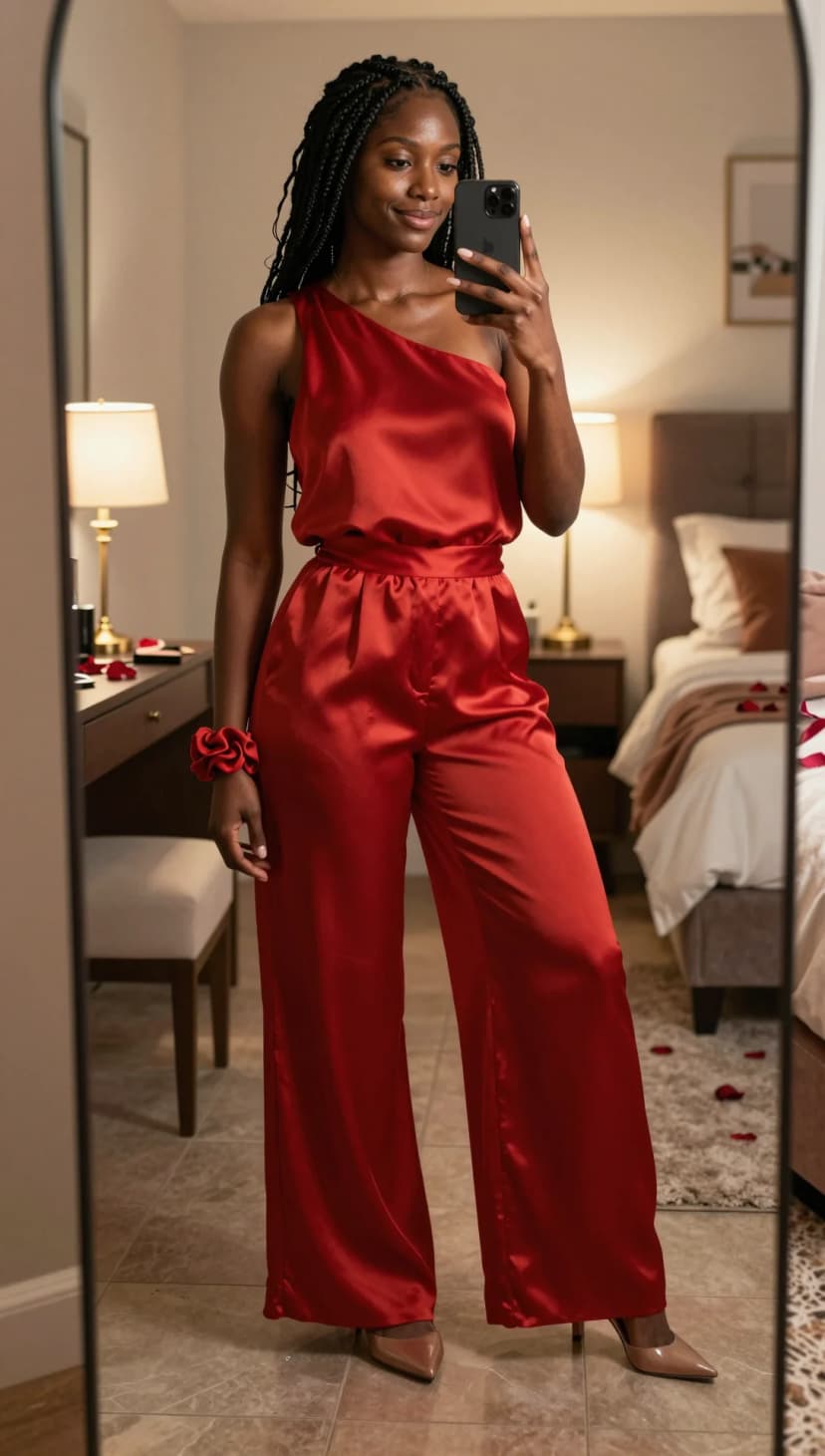 Red Satin Jumpsuit + Beige Pointed Toe Heels