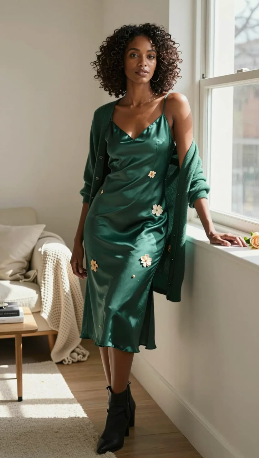 Emerald Green Satin Slip Dress + Emerald Green Cardigan + Black Heeled Booties
