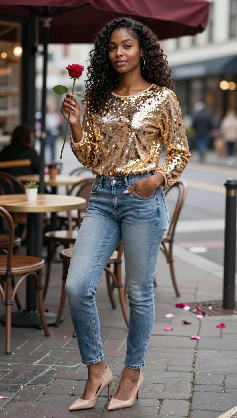 Gold Sequin Top + Light Wash Jeans + Nude Pumps
