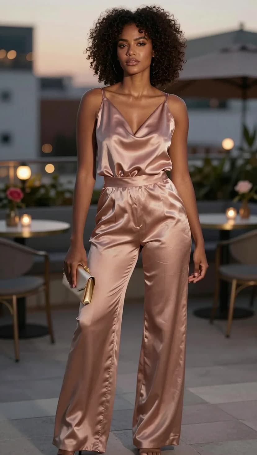 Rose Gold Satin Cami + Rose Gold Wide-Leg Trousers