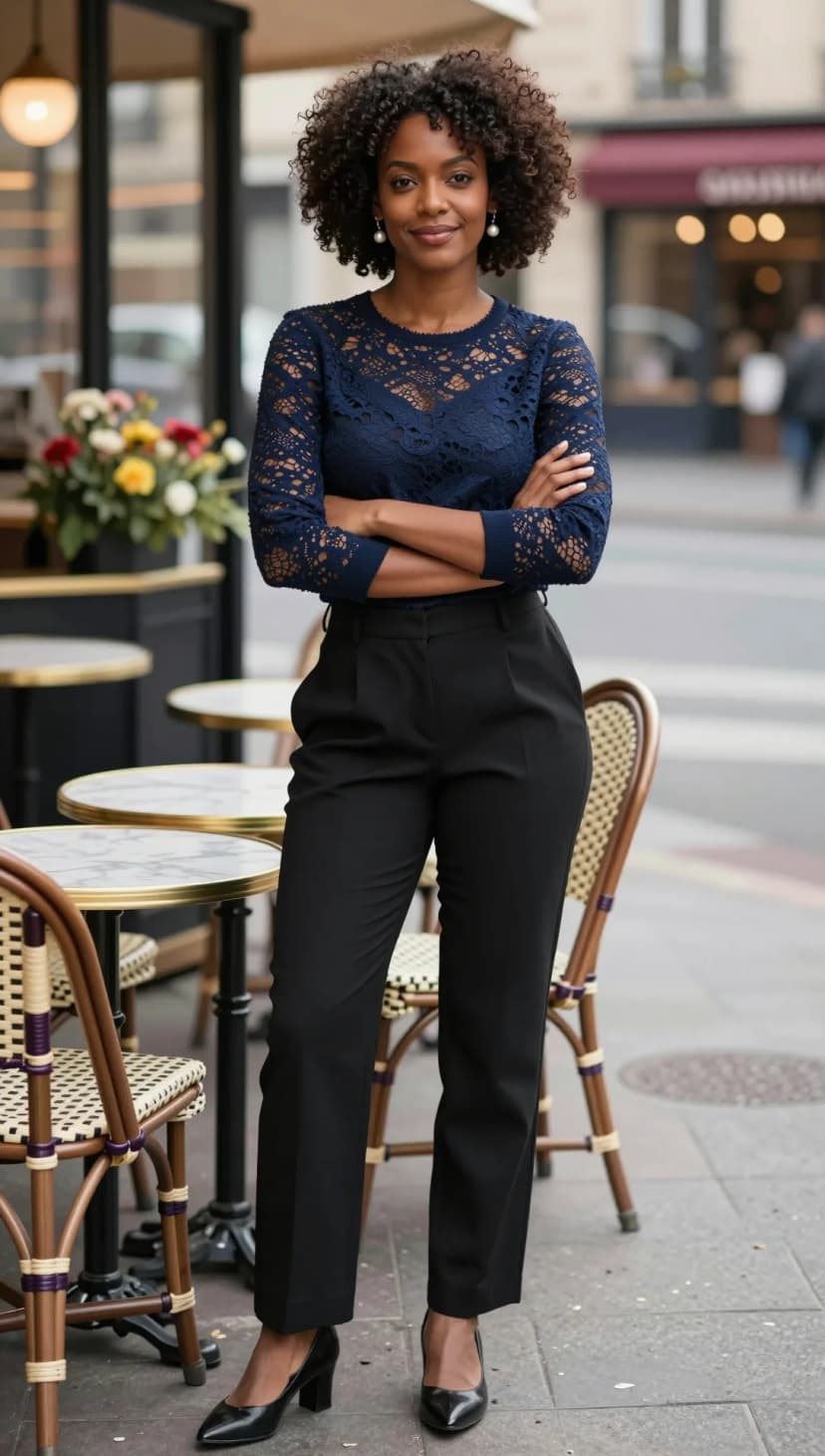 Navy Lace Top + Black Trousers + Black Block Heel Pumps