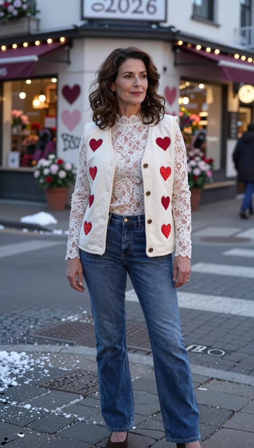 White Lace Top + Ivory Heart AppliquΓ© Vest + Blue Denim Jeans + Brown Suede Flats