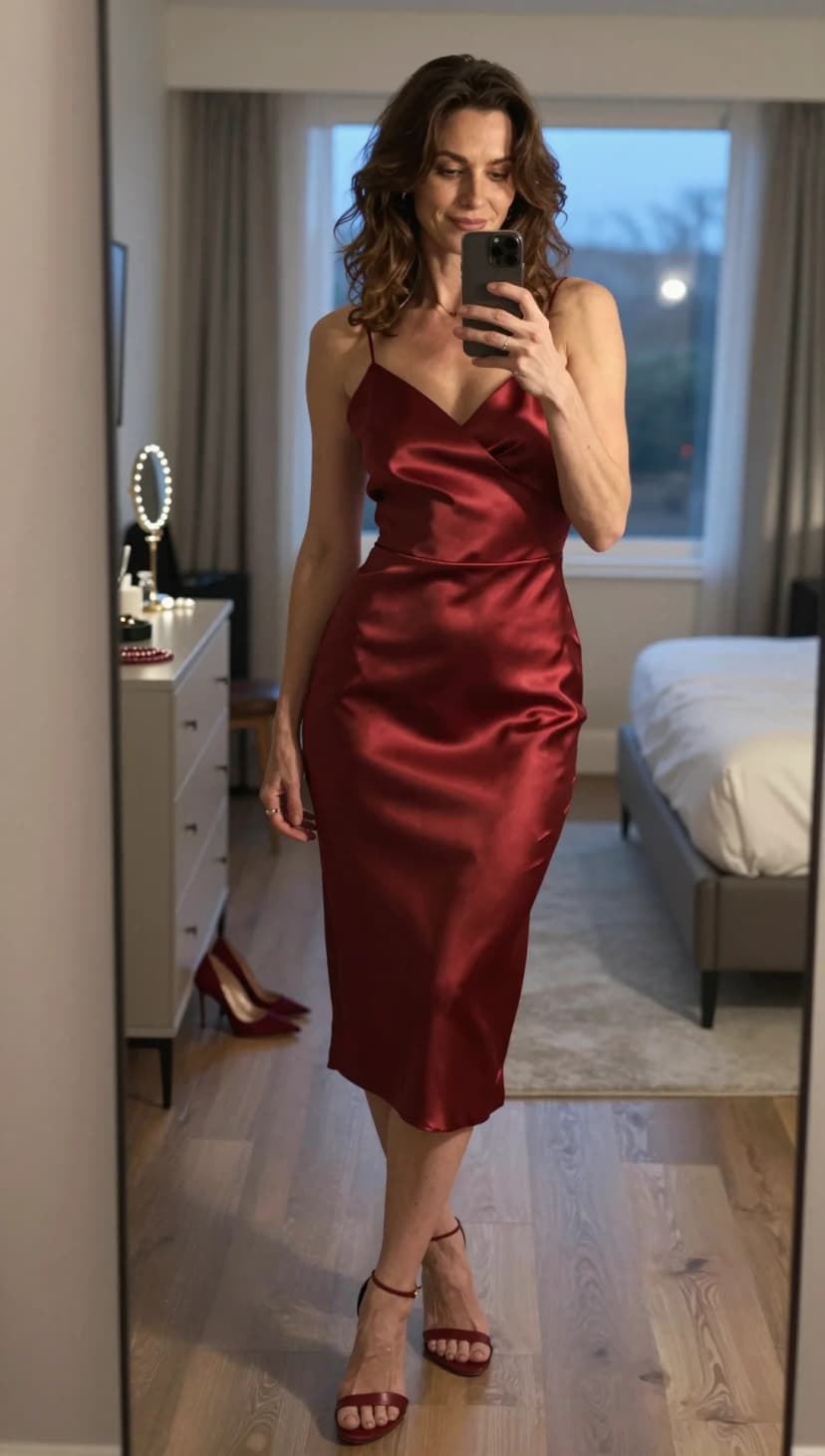Red Satin Slip Dress + Red Strappy Heels