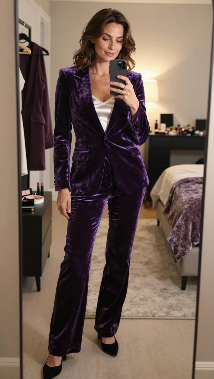 Purple Velvet Suit + White Satin Cami + Black Suede Pumps