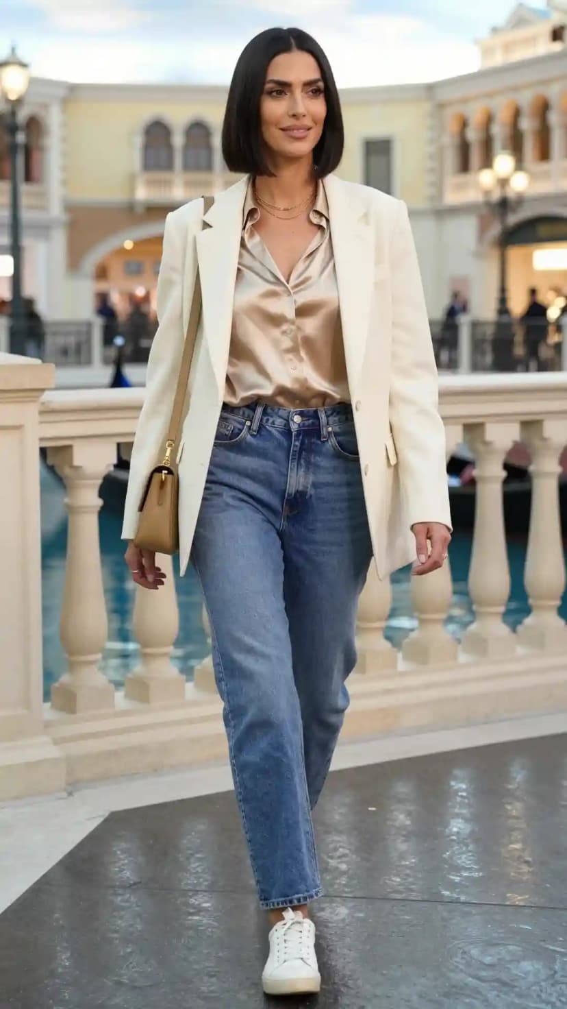 Cream Blazer + Champagne Satin Button-Up Shirt + Blue Denim Jeans + White Leather Sneakers