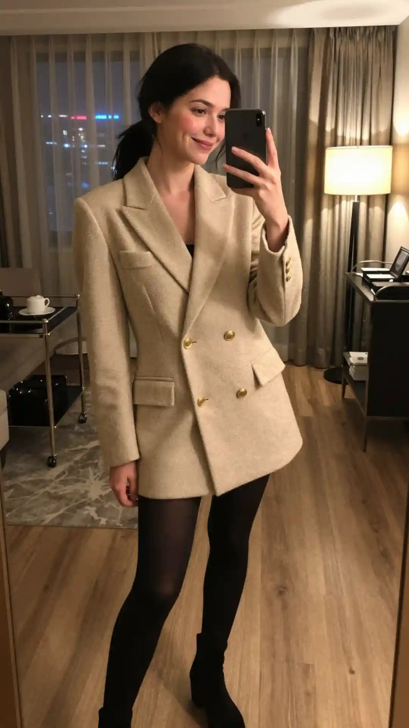 Beige Tweed Double-Breasted Blazer + Black Opaque Tights + Black Suede Ankle Boots