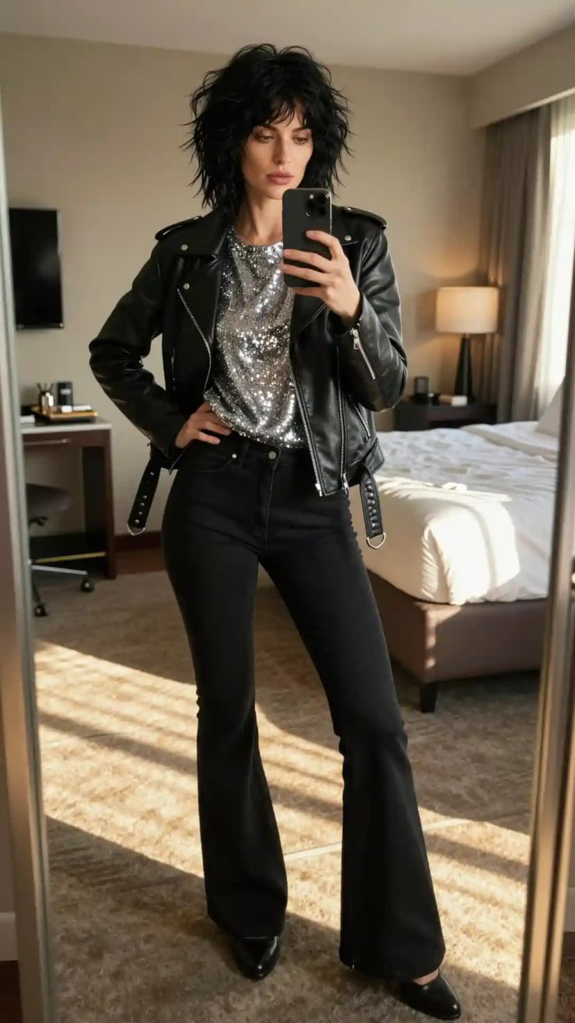 Black Leather Moto Jacket + Silver Sequin Tank Top + Black Denim Flare Jeans
