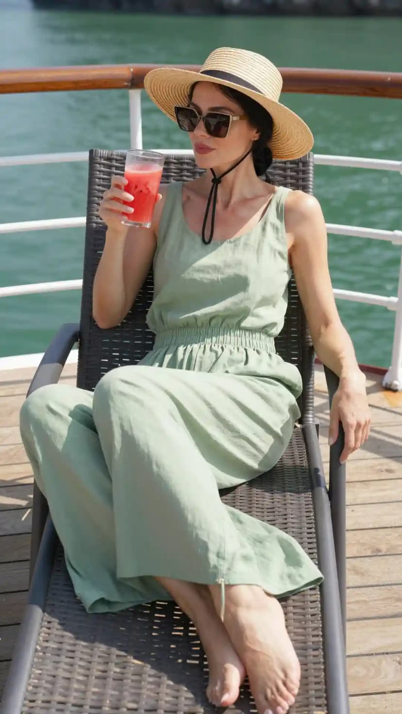 Sage Linen Wide-Leg Jumpsuit + Straw Fedora + Black Cat-Eye Sunglasses