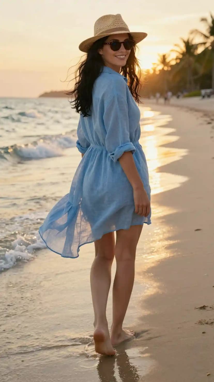Light Blue Gauze Mini Dress + Straw Fedora Hat + Tortoiseshell Sunglasses